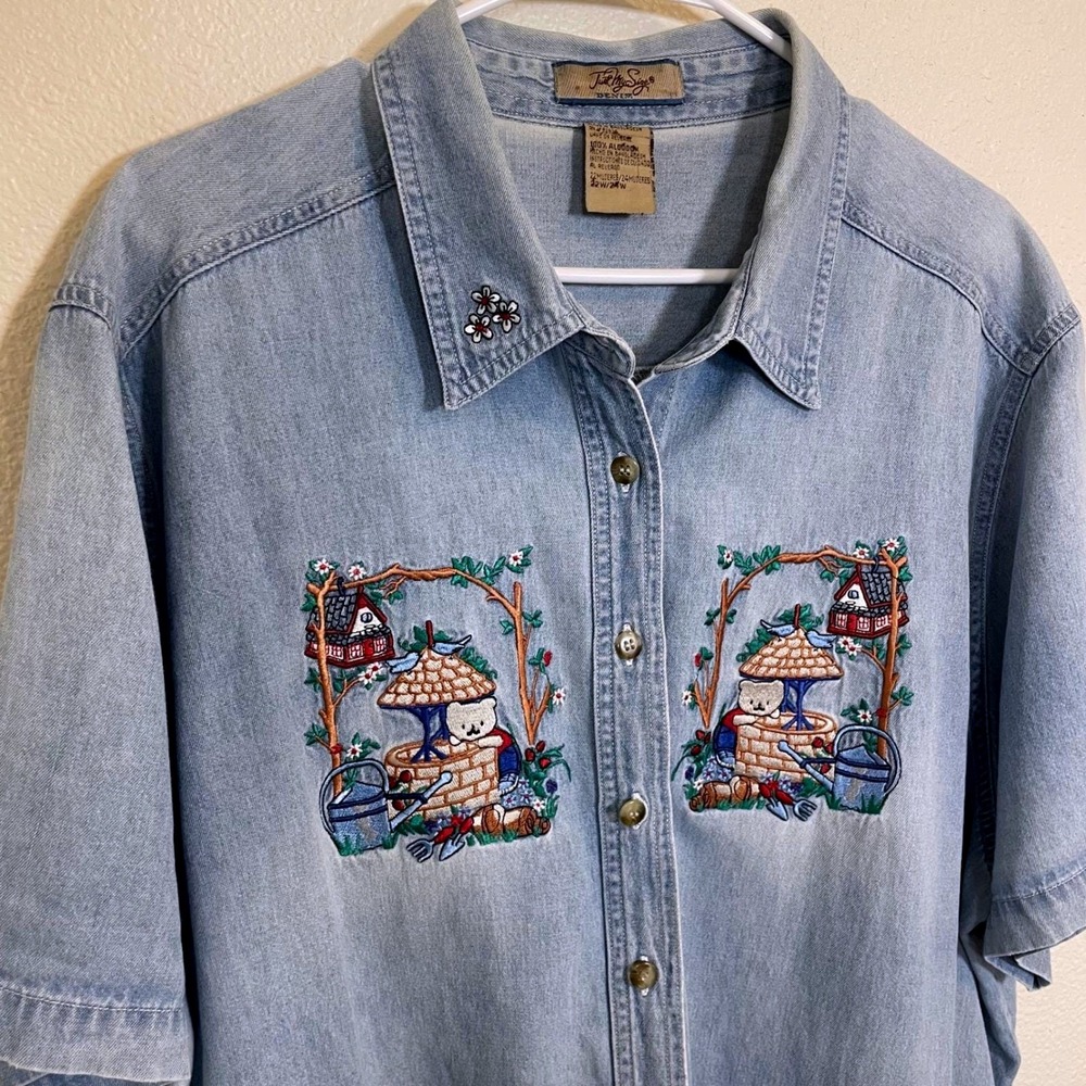 VTG Emdenbriodered Womens 30W 28W Just My Size Denim‎ Bears Blue Button Up